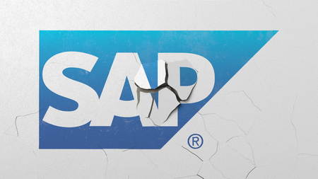 Crushing concrete wall with logo of SAP. Crisis conceptual editorial 3D renderingのeditorial素材