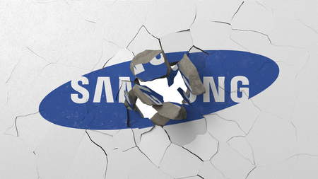 Destroying wall with painted logo of Samsung. Crisis conceptual editorial 3D rendering