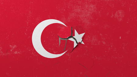 Breaking wall with painted flag of Turkey. Turkish crisis conceptual editorial 3D rendering