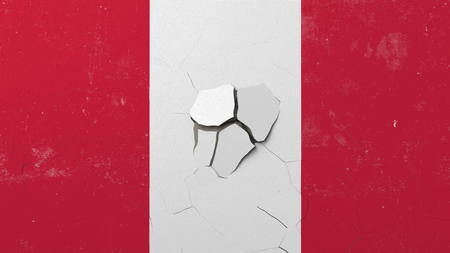 Breaking wall with painted flag of Peru. Peruvian crisis conceptual editorial 3D rendering