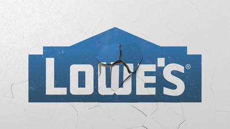 Breaking wall with painted logo of Lowes. Crisis conceptual editorial 3D renderingのeditorial素材