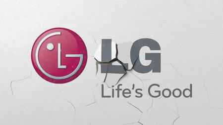 Destroying wall with painted logo of LG. Crisis conceptual editorial 3D renderingのeditorial素材