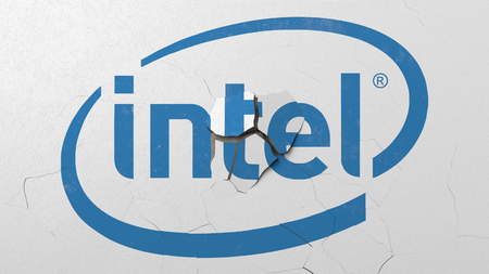 Crushing concrete wall with logo of Intel. Crisis conceptual editorial 3D renderingのeditorial素材