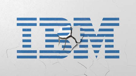 Crushing concrete wall with logo of IBM. Crisis conceptual editorial 3D renderingのeditorial素材