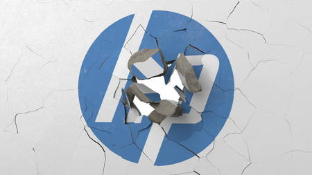 Destroying wall with painted logo of HP. Crisis conceptual editorial 3D renderingのeditorial素材