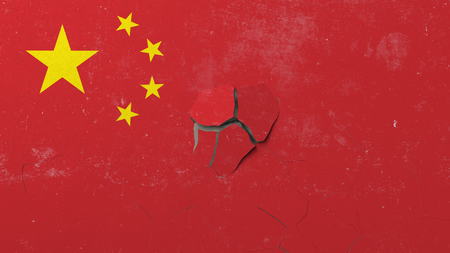Breaking wall with painted flag of China. Chinese crisis conceptual editorial 3D renderingの写真素材