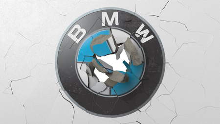 Destroying wall with painted logo of BMW. Crisis conceptual editorial 3D rendering