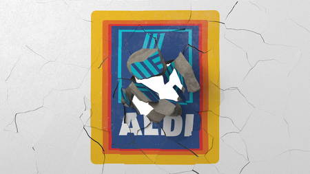 Crushing concrete wall with logo of Aldi. Crisis conceptual editorial 3D rendering