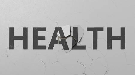 Breaking concrete wall with painted HEALTH word. Conceptual 3D renderingの写真素材