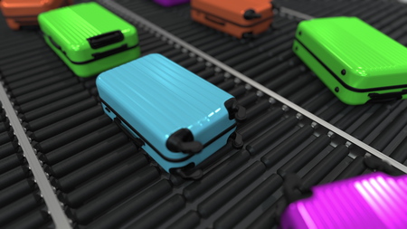 Colorful suitcases move on roller conveyor in the airport. 3D renderingの写真素材