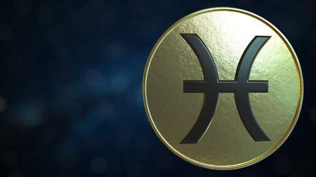 Gold token with Pisces Zodiac sign. 3D renderingの写真素材