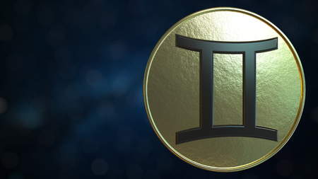 Gold token with Gemini Zodiac sign. 3D rendering
