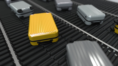 Yellow and grey suitcases move on the conveyor. 3D renderingの写真素材