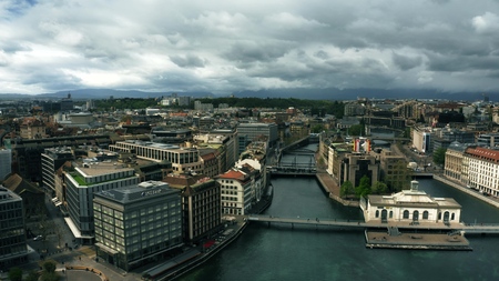 GENEVA, SWITZERLAND - APRIL 27, 2019. Aerial view of Geneva and the Rhone river