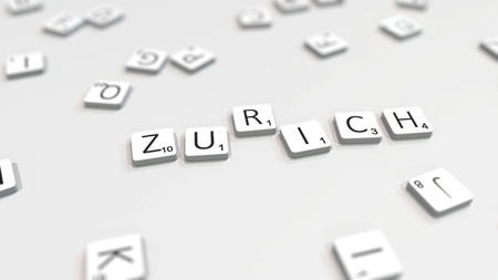 ZURICH city name being composed with scrabble letters. Editorial 3D renderingのeditorial素材
