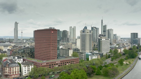 FRANKFURT AM MAIN, GERMANY - APRIL 29, 2019. Aerial view of the city centre and the River Main embankmentのeditorial素材