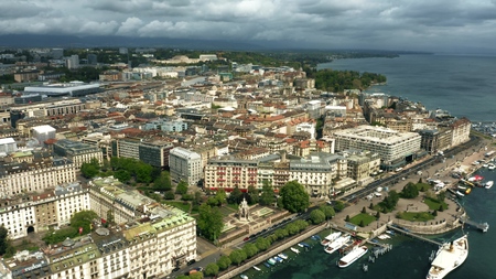 GENEVA, SWITZERLAND - APRIL 27, 2019. Aerial view of the Lake Geneva embankmentのeditorial素材