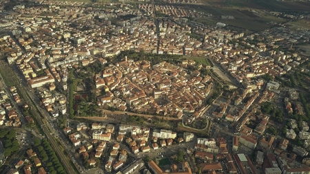 Aerial view of star shaped old city walls of Grosseto. Tuscany, Italy