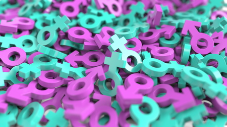 Many Male and Female gender symbols. Sex, marriage or society related 3D renderingの写真素材