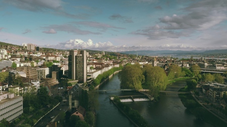 ZURICH, SWITZERLAND - APRIL 28, 2019. Aerial view of the cityscape and the River Limmatのeditorial素材
