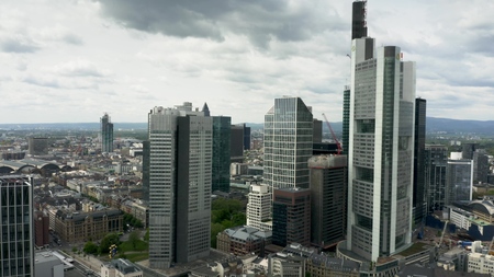 FRANKFURT AM MAIN, GERMANY - APRIL 29, 2019. Aerial view of skyscrapers in city centreのeditorial素材