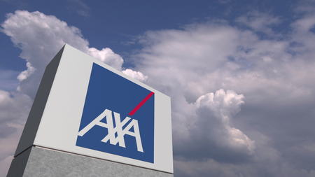 Logo of AXA on a stand against cloudy sky, editorial 3D renderingのeditorial素材