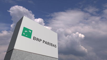 Logo of BNP PARIBAS on a stand against cloudy sky, editorial 3D renderingのeditorial素材