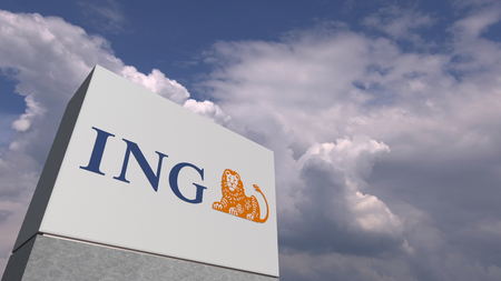 Logo of ING on a stand against cloudy sky, editorial 3D renderingのeditorial素材