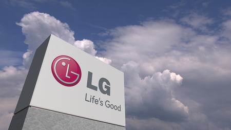 Logo of LG on a stand against cloudy sky, editorial 3D renderingのeditorial素材