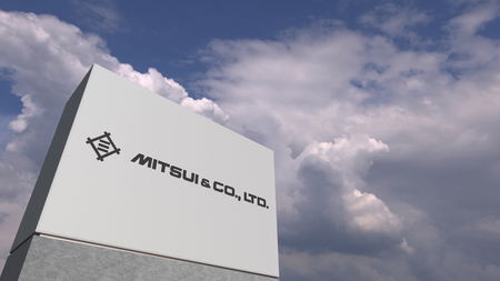 Logo of MITSUI on a stand against cloudy sky, editorial 3D renderingのeditorial素材