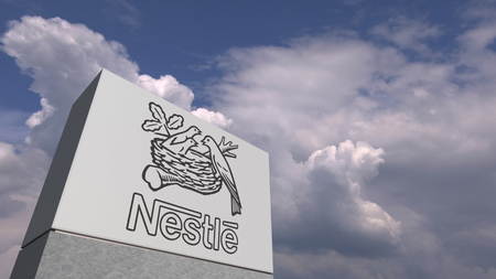 NESTLE logo against sky background, editorial 3D renderingのeditorial素材