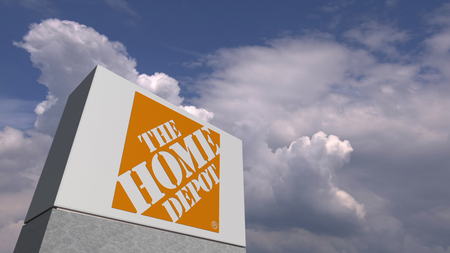 THE HOME DEPOT logo against sky background, editorial 3D renderingのeditorial素材