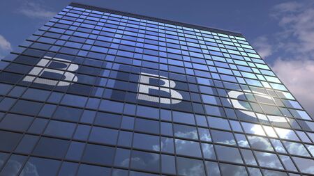 BBC logo against modern building reflecting sky and clouds, editorial 3D renderingのeditorial素材