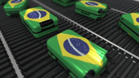 Many travel suitcases featuring flag of Brazil. Brazilian tourism conceptual 3D renderingの写真素材