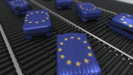 Many travel suitcases featuring flag of the European Union. EU tourism conceptual 3D renderingの写真素材
