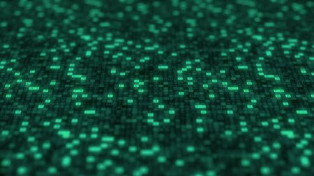 Hexadecimal symbols flashing on a green computer screen. 3D renderingの写真素材