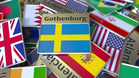 Souvenir magnet or badge with Gothenburg text and national flag among different ones. Traveling to Sweden conceptual 3D renderingの写真素材