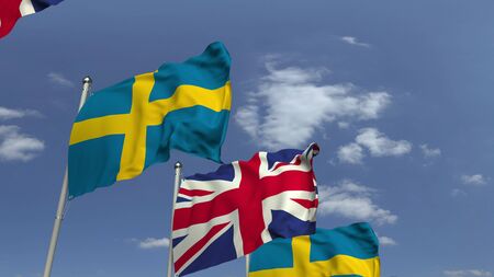 Many flags of Sweden and the United Kingdom, 3D renderingの写真素材