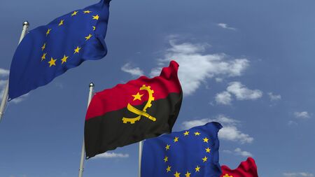 Waving flags of Angola and the European Union EU, 3D renderingの写真素材