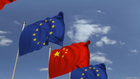 Flags of China and the European Union at international meeting, 3D renderingの写真素材