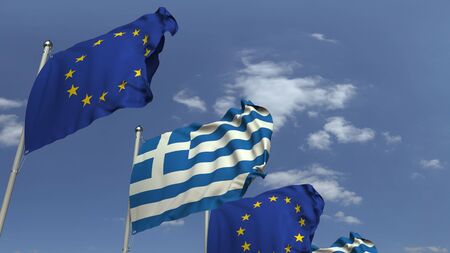 Many flags of Greece and the European Union EU, 3D renderingの写真素材