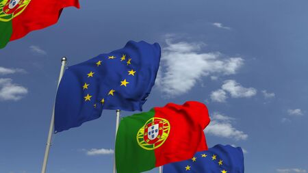 Many flags of Portugal and the European Union EU, 3D renderingの写真素材