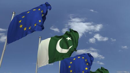 Waving flags of Pakistan and the European Union EU, 3D renderingの写真素材