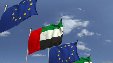 Flags of UAE and the European Union at international meeting, 3D renderingの写真素材