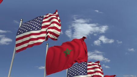 Waving flags of Morocco and the USA on sky background, 3D renderingの写真素材