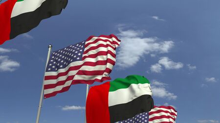 Flags of the UAE and the USA at international meeting, 3D renderingの写真素材