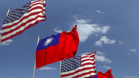 Waving flags of Taiwan and the USA on sky background, 3D renderingの写真素材