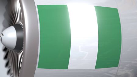 Aircraft engine with flag of Nigeria, Nigerian air transportation related 3D renderingの写真素材