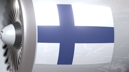 Airplane turbine with flag of Finland. Finnish transportation conceptual 3D rendering