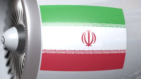 Airplane engine with flag of Iran. Iranian air transportation conceptual 3D renderingの写真素材